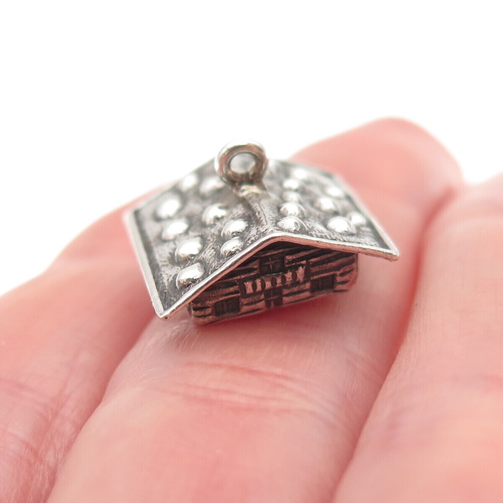 800 Silver Antique Art Deco Swiss Chalet House Oxidized 3D Mini Charm Pendant